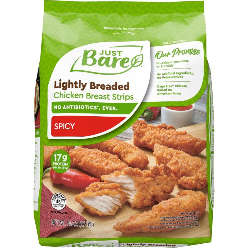 slide 1 of 7, Just Bare Lightly Breaded Spicy Chicken Breast Strips - Frozen - 24oz, 24 oz