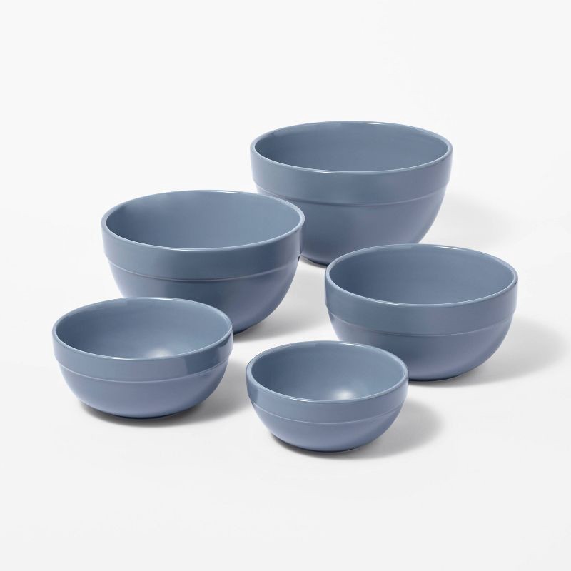 slide 1 of 3, 5pc Earthenware Ceramic Mixing Bowl Set Blue - Figmint™: Microwave & Dishwasher Safe, 5 Sizes, Kitchen Essentials, 5 ct