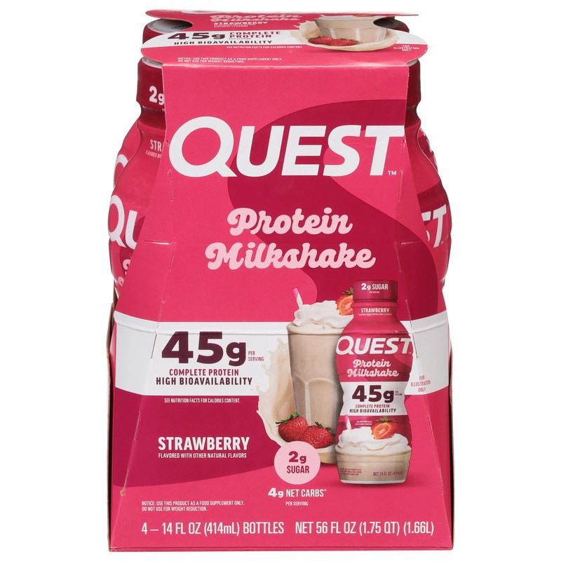slide 1 of 1, Quest Strawberry Protein Milkshake 4 - 14 fl oz Bottles, 4 ct
