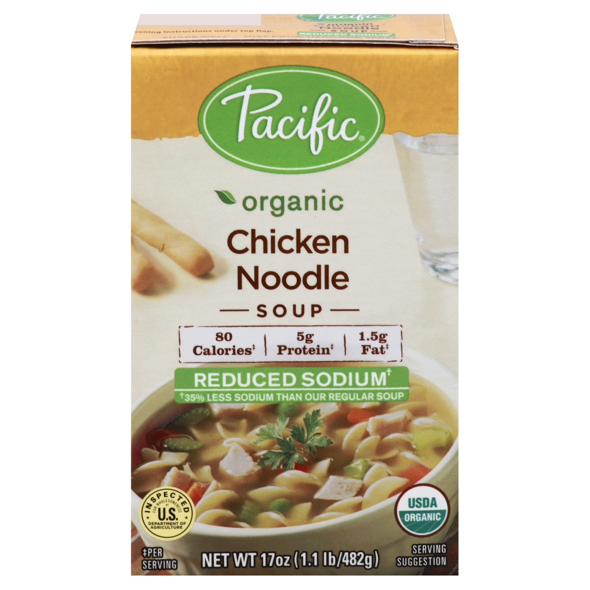 slide 1 of 1, Pacific Foods Reduced Sodium Organic Chicken Noodle Soup, 17 oz
