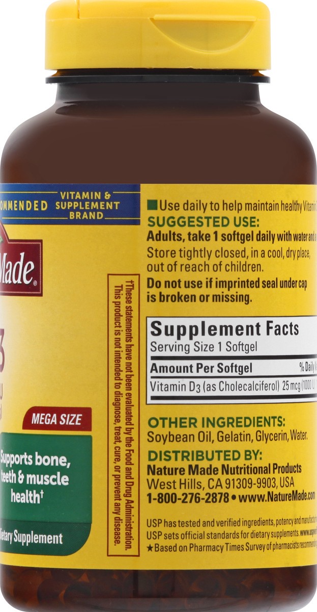 slide 3 of 12, Nature Made Vitamin D3 1000 IU (25 mcg), Dietary Supplement for Bone, Teeth, Muscle and Immune Health Support, 300 Softgels, 300 Day Supply, 300 ct