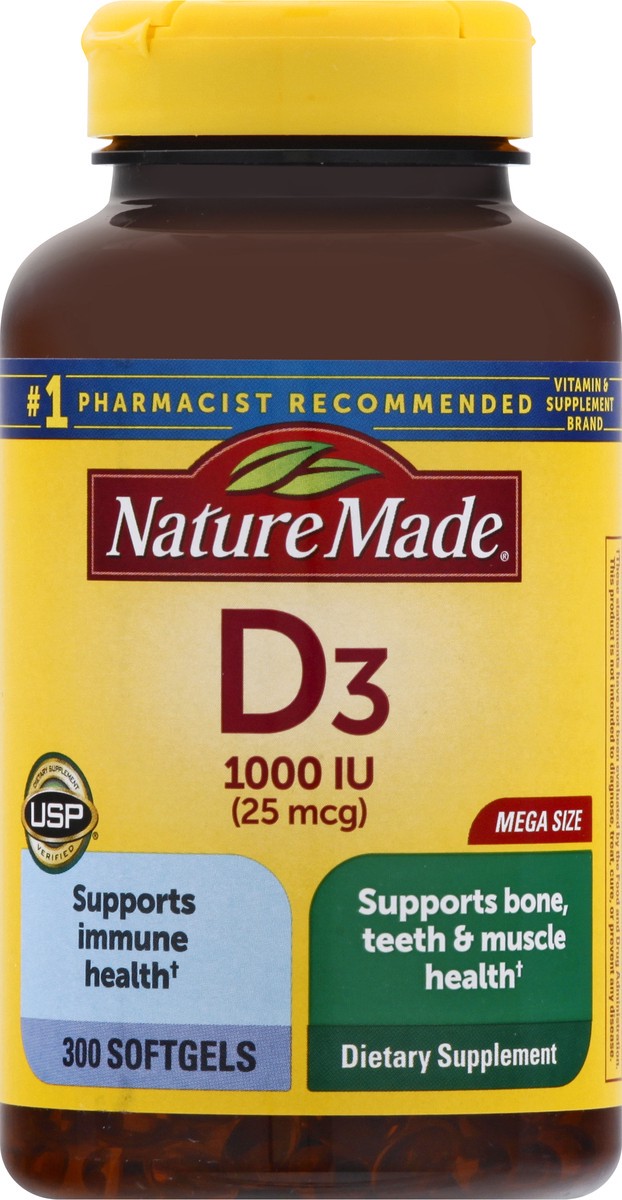 slide 2 of 12, Nature Made Vitamin D3 1000 IU (25 mcg), Dietary Supplement for Bone, Teeth, Muscle and Immune Health Support, 300 Softgels, 300 Day Supply, 300 ct