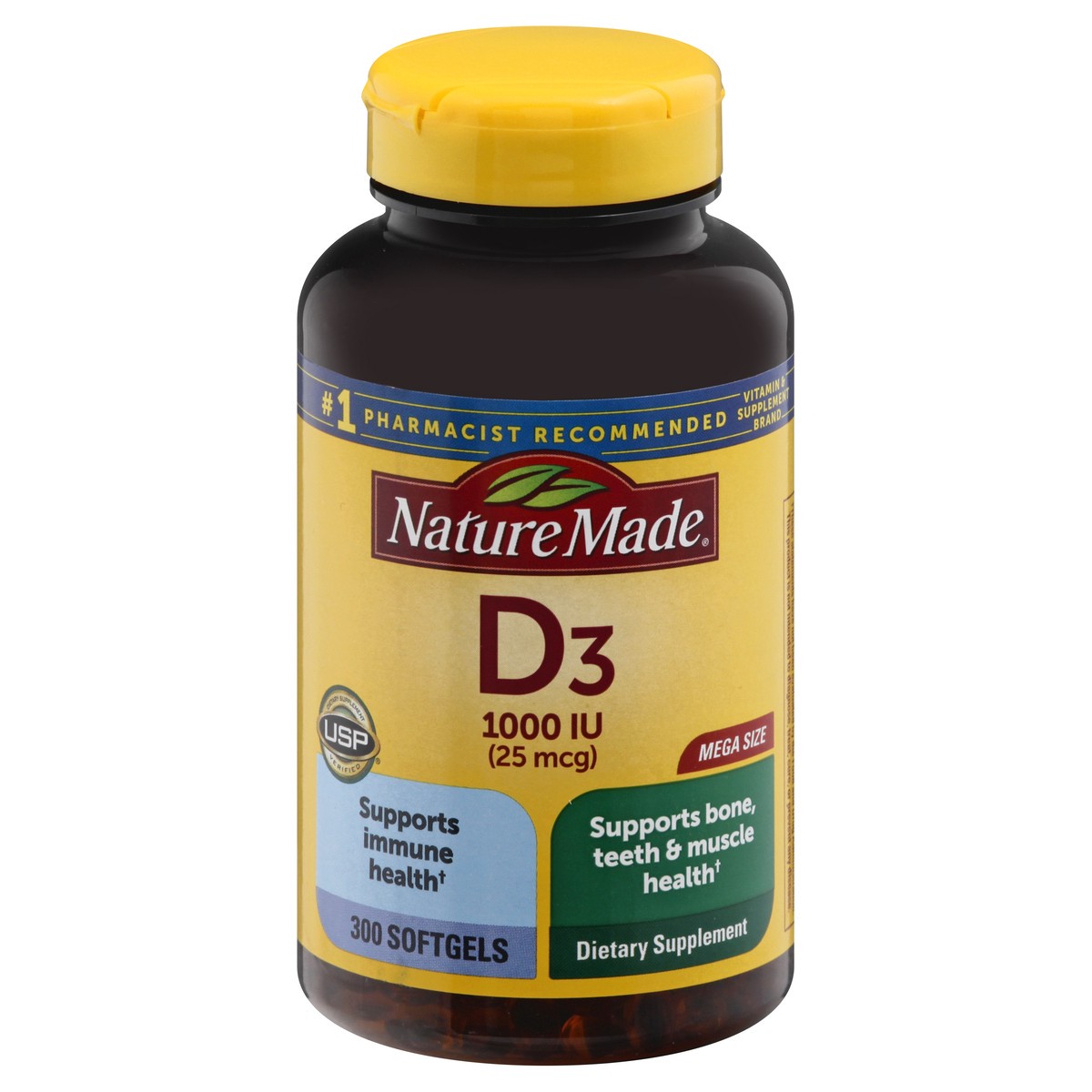 slide 1 of 12, Nature Made Vitamin D3 1000 IU (25 mcg), Dietary Supplement for Bone, Teeth, Muscle and Immune Health Support, 300 Softgels, 300 Day Supply, 300 ct