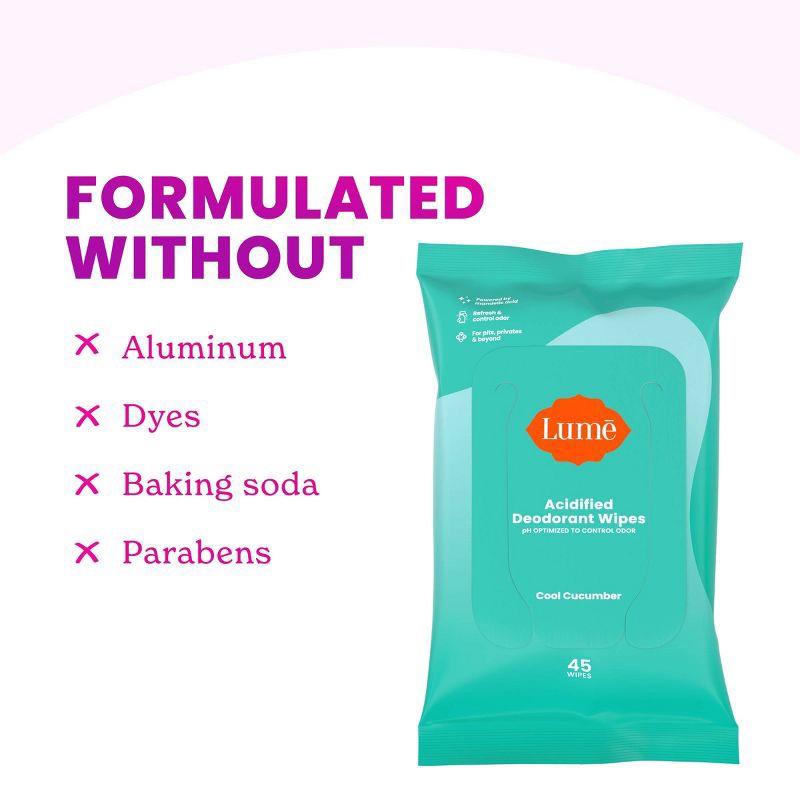 slide 3 of 10, Lume Acidified Deo Wipes Pouch - Cucumber - 45ct, 45 ct