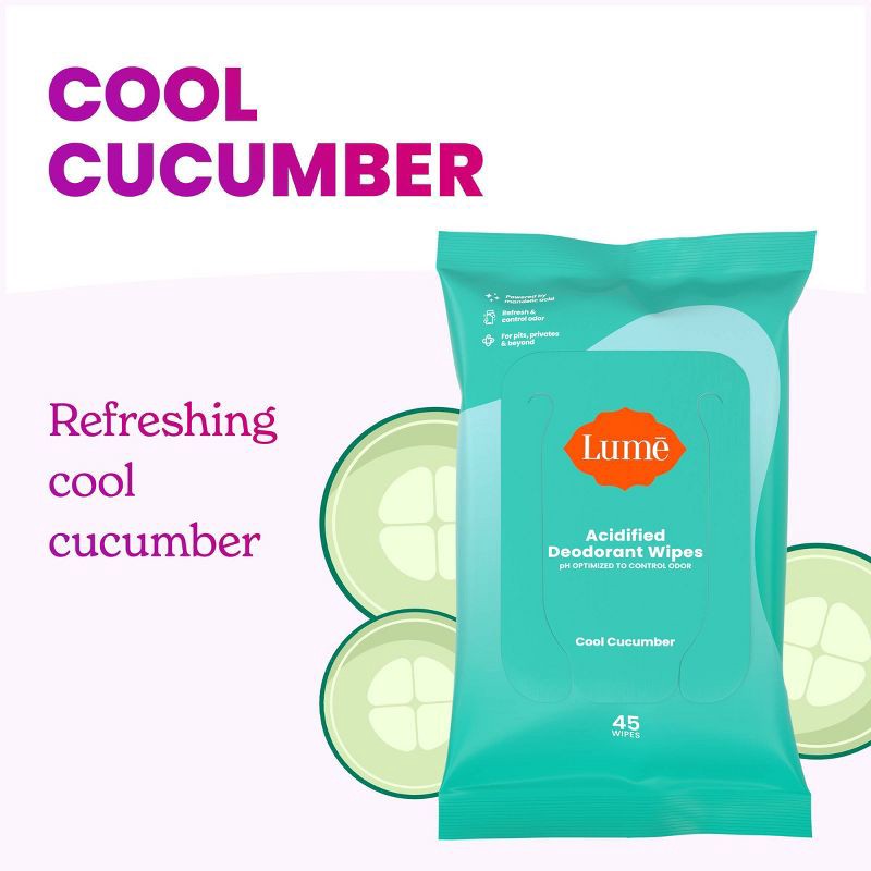 slide 9 of 10, Lume Acidified Deo Wipes Pouch - Cucumber - 45ct, 45 ct