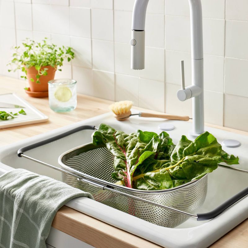 slide 2 of 3, 7qt Stainless Steel Expandable Over the Sink Mesh Colander Silver - Figmint™: Dishwasher-Safe Kitchen Strainer, 7 qt
