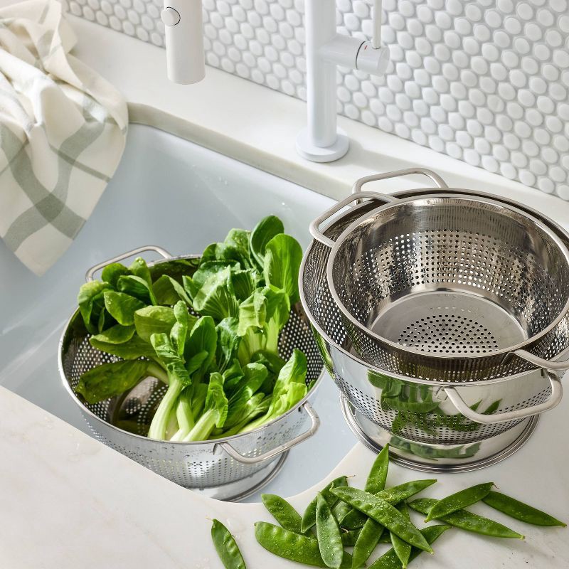 slide 2 of 3, 3pc (1.5qt, 3qt, and 5qt) Stainless Steel Colander Set Silver - Figmint™: Kitchen Strainer Collection, Dishwasher-Safe, 3 ct, 1.5 qt, 3 qt, 5 qt