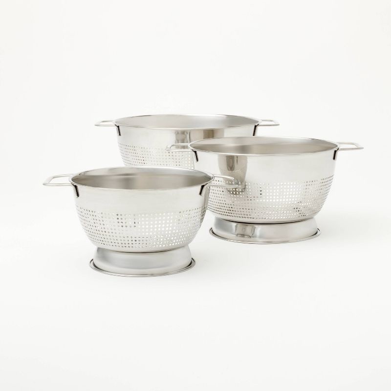 slide 1 of 3, 3pc (1.5qt, 3qt, and 5qt) Stainless Steel Colander Set Silver - Figmint™: Kitchen Strainer Collection, Dishwasher-Safe, 3 ct, 1.5 qt, 3 qt, 5 qt