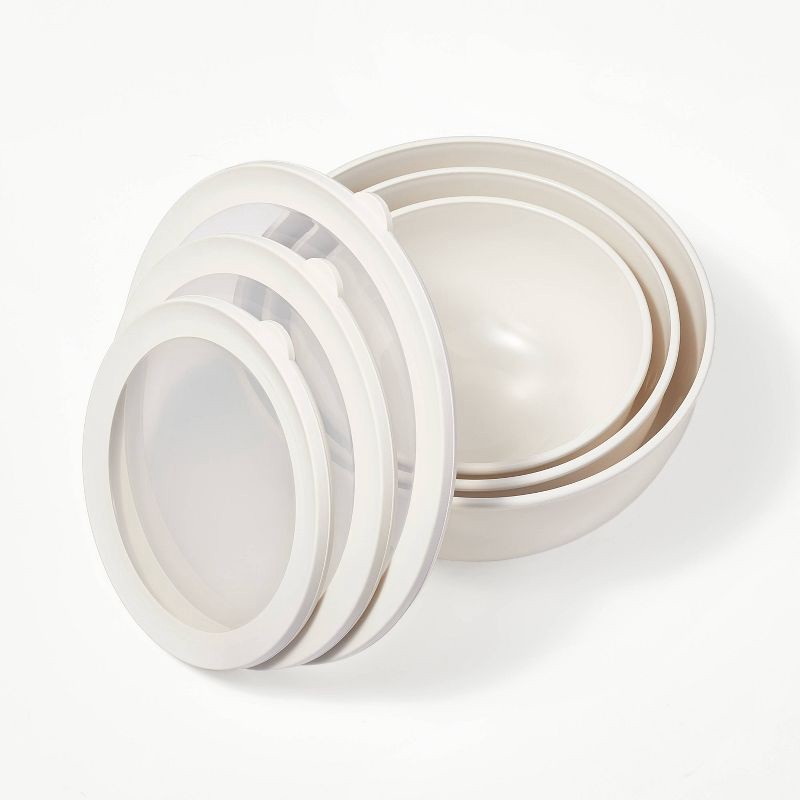 slide 3 of 4, 6pc (set of 3) Plastic Mixing Bowl Set with Lids Cream - Figmint™: Nesting, Dishwasher & Microwave-Safe, 6 ct