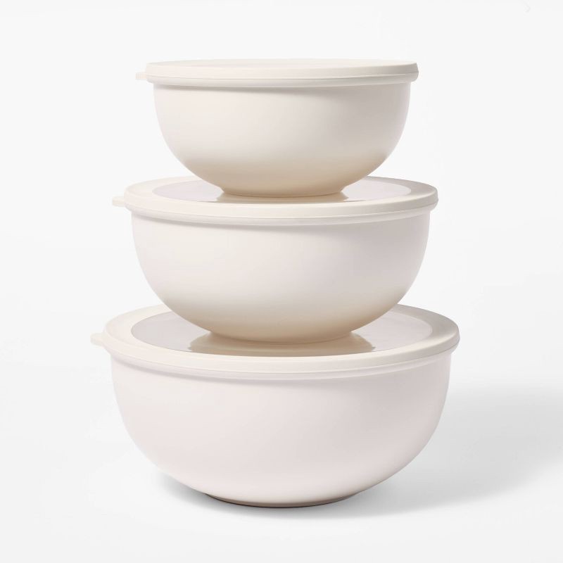 slide 1 of 4, 6pc (set of 3) Plastic Mixing Bowl Set with Lids Cream - Figmint™: Nesting, Dishwasher & Microwave-Safe, 6 ct