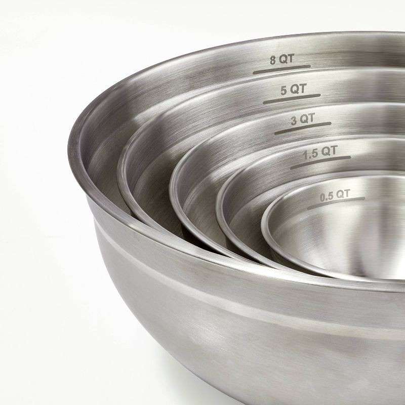slide 2 of 3, 5pc Stainless Steel Non-Slip Mixing Bowls (no lids) Silver - Figmint™: Nesting Kitchen Set, Dishwasher-Safe, 0.5-8 qt., 5 ct, 0.5 ct; 8 qt