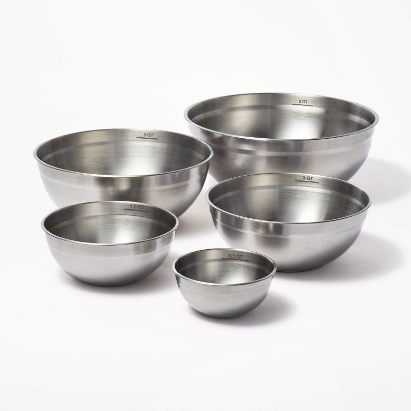slide 1 of 3, 5pc Stainless Steel Non-Slip Mixing Bowls (no lids) Silver - Figmint™: Nesting Kitchen Set, Dishwasher-Safe, 0.5-8 qt., 5 ct, 0.5 ct; 8 qt