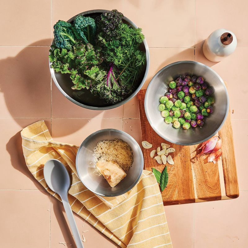 slide 2 of 3, 3pc (5qt, 3qt & 1.5qt) Stainless Steel Non-Slip Mixing Bowls (no lids) Cream - Figmint™: Metal Nesting Kitchen Set, 3 ct, 5 qt, 3 qt, 1.5 qt
