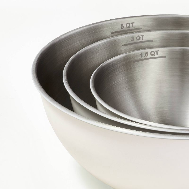 slide 3 of 3, 3pc (5qt, 3qt & 1.5qt) Stainless Steel Non-Slip Mixing Bowls (no lids) Cream - Figmint™: Metal Nesting Kitchen Set, 3 ct, 5 qt, 3 qt, 1.5 qt