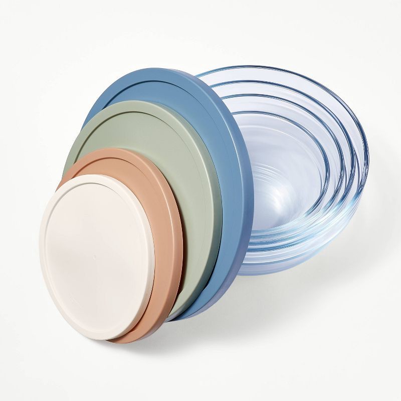 slide 3 of 3, 8pc Glass Set of 4 Mixing Bowls with Lids Clear - Figmint™: Microwave without Lid & Freezer Safe, Glass & Plastic, 8 ct