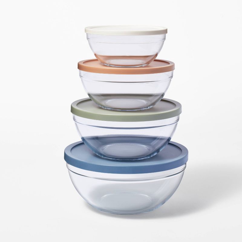 slide 1 of 3, 8pc Glass Set of 4 Mixing Bowls with Lids Clear - Figmint™: Microwave without Lid & Freezer Safe, Glass & Plastic, 8 ct
