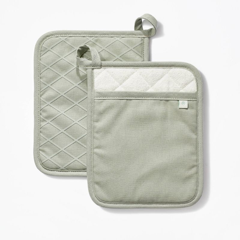 slide 1 of 3, 2pk Potholder Sage Green - Figmint™: Modern Kitchen Textiles, Cotton, Machine Washable, Silicon Gripper, 7.5" Width, 2 ct