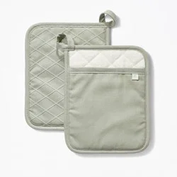 2pk Potholder Sage Green - Figmint™: Modern Kitchen Textiles, Cotton, Machine Washable, Silicon Gripper, 7.5" Width