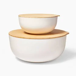 4pc (set of 2) Plastic Mixing Bowl Set with Bamboo Lids Cream - Figmint™