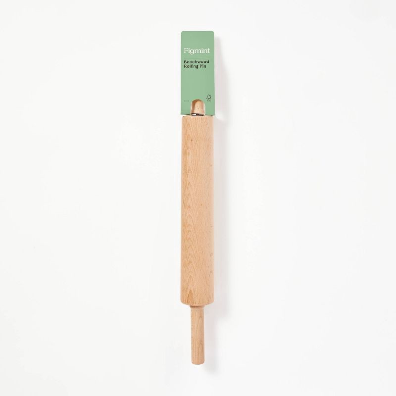 slide 4 of 4, 10" Wood Rolling Pin Light Brown - Figmint™: Handled Wooden Roller for Baking, Hand Wash, 19.24" Length, 1 ct