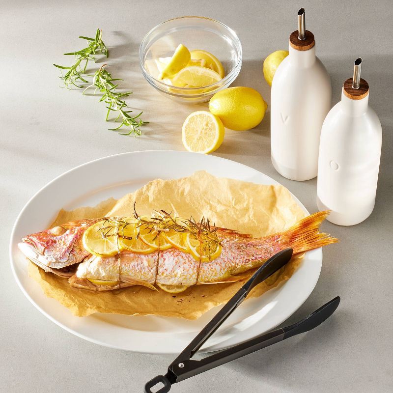 slide 2 of 3, Ceramic Oil Pour Bottle Cream - Figmint™: Stoneware Oil Dispenser with Stainless Steel & Wood Lid, 18.7oz Capacity, 18.7 oz