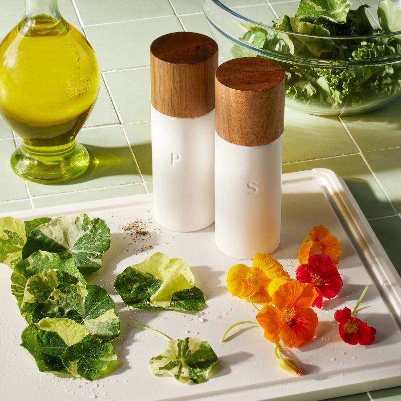 slide 2 of 4, Ceramic Salt and Pepper Grinder Set Cream - Figmint™: Wood & Stoneware, 6.25" Height, 55 Volume Capacity, 2-Piece Set, 1 ct