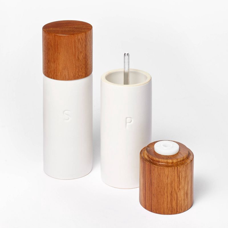 slide 4 of 4, Ceramic Salt and Pepper Grinder Set Cream - Figmint™: Wood & Stoneware, 6.25" Height, 55 Volume Capacity, 2-Piece Set, 1 ct