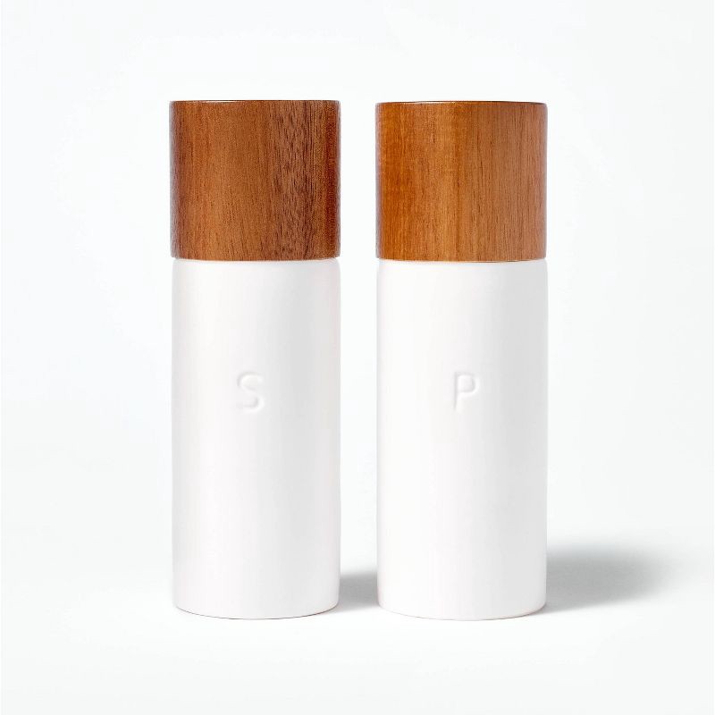 slide 1 of 4, Ceramic Salt and Pepper Grinder Set Cream - Figmint™: Wood & Stoneware, 6.25" Height, 55 Volume Capacity, 2-Piece Set, 1 ct