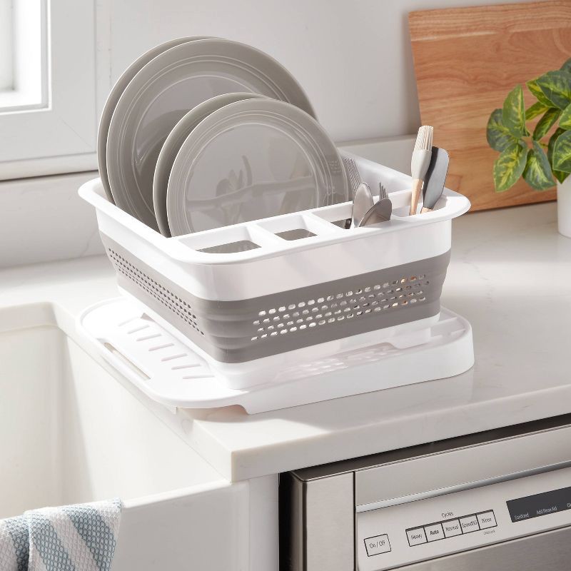 slide 2 of 3, Plastic Collapsible Dish Rack with Drip Tray White - Brightroom™: Freestanding Drying Rack with Drain Board, 1 ct