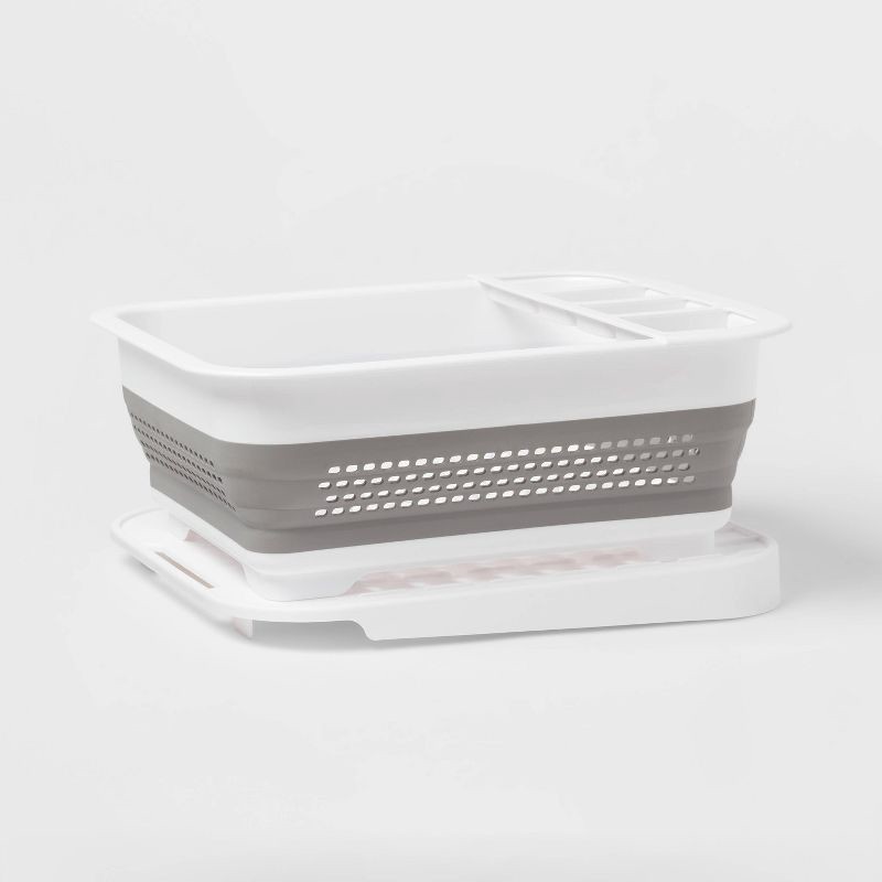 slide 1 of 3, Plastic Collapsible Dish Rack with Drip Tray White - Brightroom™: Freestanding Drying Rack with Drain Board, 1 ct