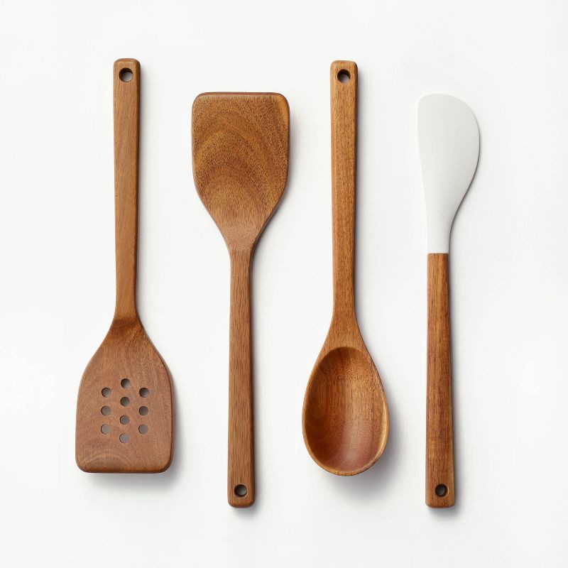 slide 1 of 5, 4pc Wood Kitchen Utensil Set Brown - Figmint™: Wooden Cooking Utensils, Hand Wash, Adult Use, 4 ct