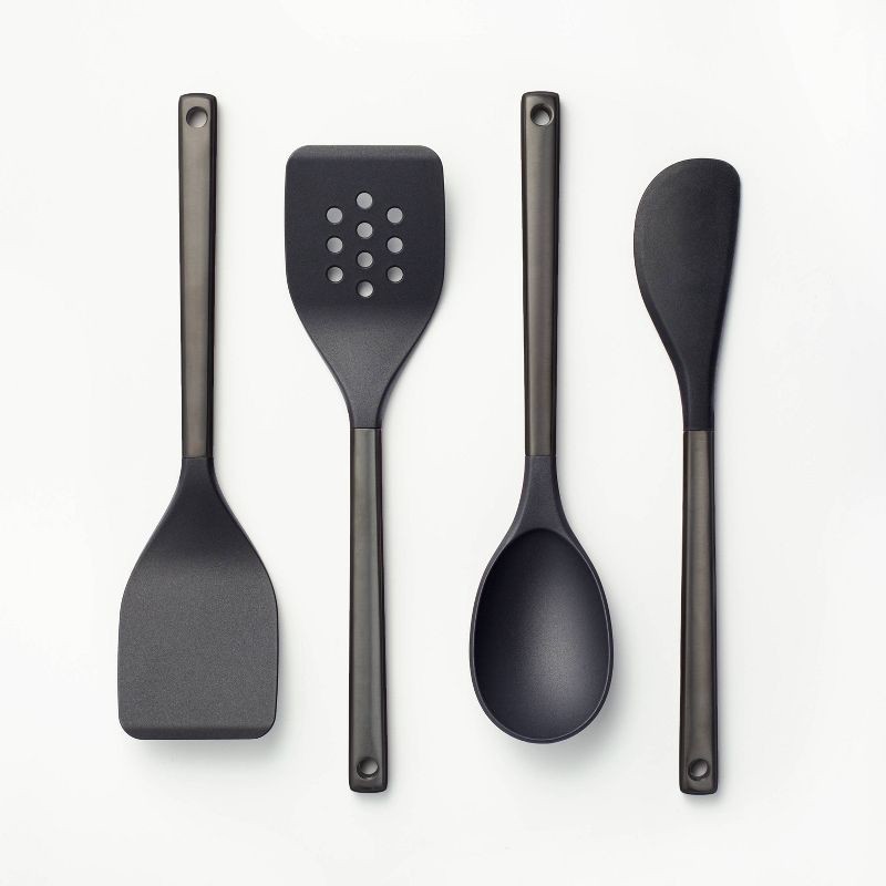 slide 1 of 4, 4pc Stainless Steel/Nylon Kitchen Utensil Set Black - Figmint™: Silicone Cooking Tools, Dishwasher-Safe Spatula & Spoon, 4 ct
