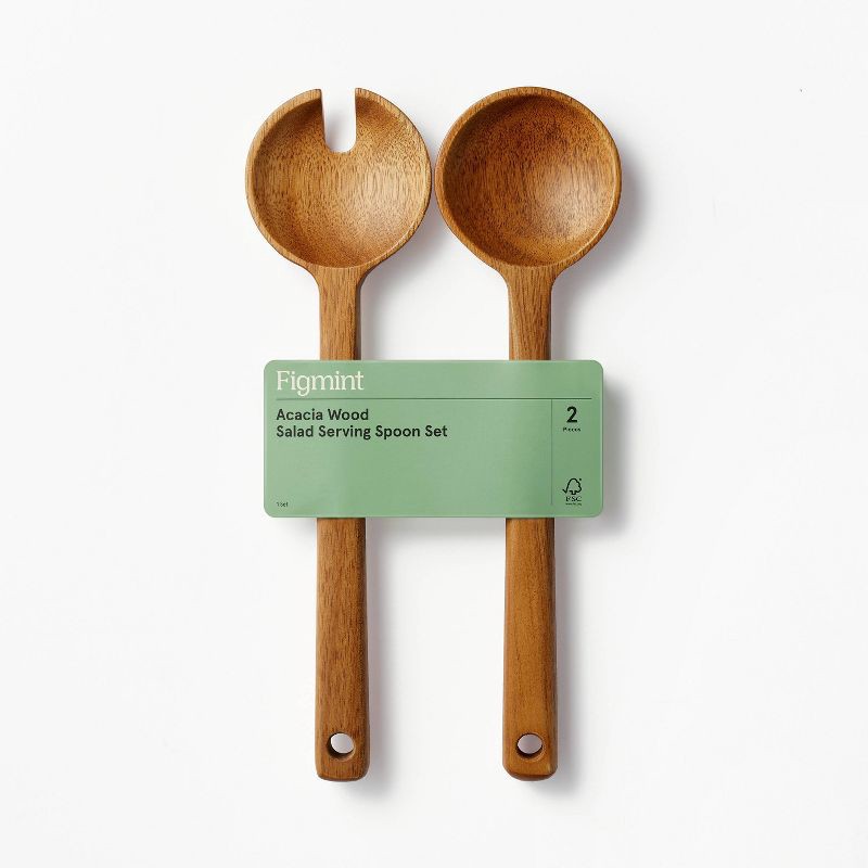 slide 4 of 4, 2pk Wood Salad Serving Spoon Set Brown - Figmint™: Acacia Salad Tongs, Kitchen Utensils, Hand Wash, 2 ct