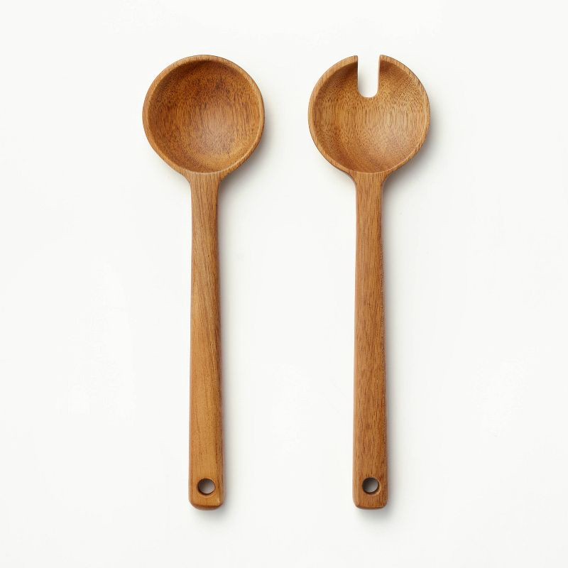 slide 1 of 4, 2pk Wood Salad Serving Spoon Set Brown - Figmint™: Acacia Salad Tongs, Kitchen Utensils, Hand Wash, 2 ct