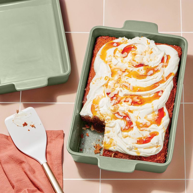 slide 2 of 6, 2pc Stoneware Rectangle Baking Dish Set Sage Green - Figmint™: Bakeware, Microwave & Oven Safe, Dishwasher Safe, 2 ct