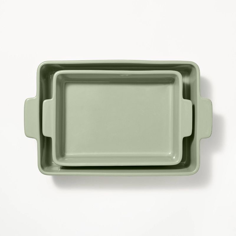 slide 3 of 6, 2pc Stoneware Rectangle Baking Dish Set Sage Green - Figmint™: Bakeware, Microwave & Oven Safe, Dishwasher Safe, 2 ct