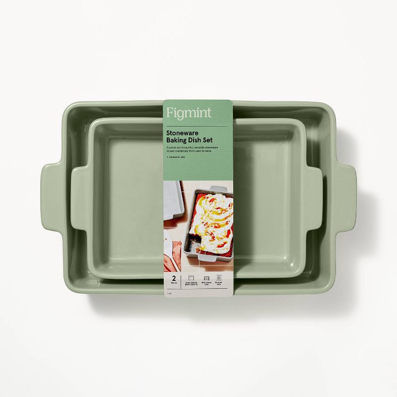 slide 5 of 6, 2pc Stoneware Rectangle Baking Dish Set Sage Green - Figmint™: Bakeware, Microwave & Oven Safe, Dishwasher Safe, 2 ct