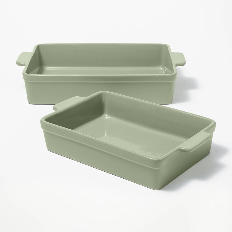 slide 1 of 6, 2pc Stoneware Rectangle Baking Dish Set Sage Green - Figmint™: Bakeware, Microwave & Oven Safe, Dishwasher Safe, 2 ct