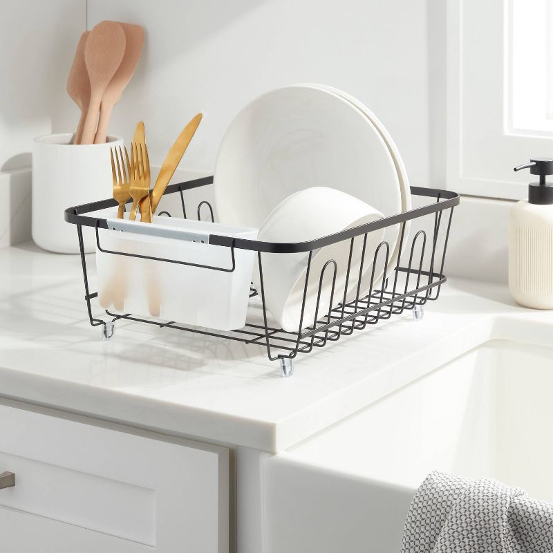 slide 2 of 3, Small Steel Dish Drainer Black - Brightroom™: Freestanding Dish Drying Rack with Utensil Holder, Powder-Coated Steel, 1 ct