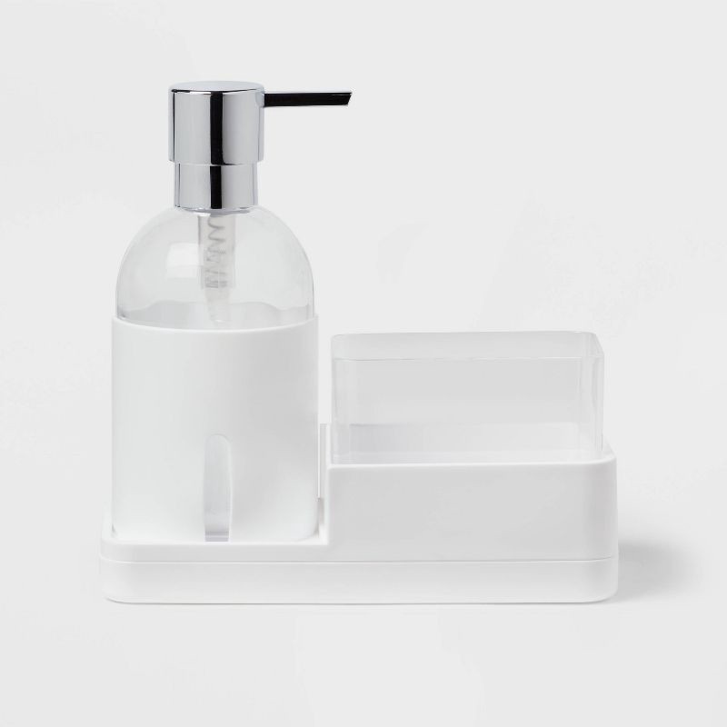 slide 1 of 4, Plastic Soap Pump with Silicone Holder with Caddy & Tray White - Brightroom™: Kitchen Soap Caddy Dispenser, 1 ct