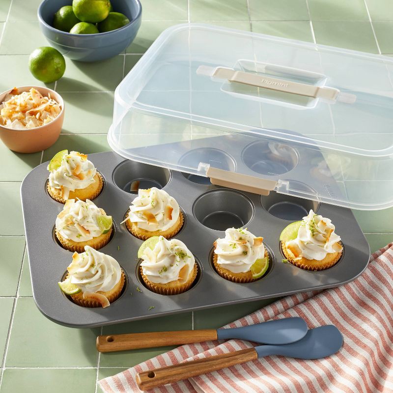 slide 2 of 5, 12ct Nonstick Aluminized Steel Muffin Pan with Lid Clear - Figmint™: Bakeware, Oven-Safe, Dishwasher-Safe, PTFE-Free, 12 ct