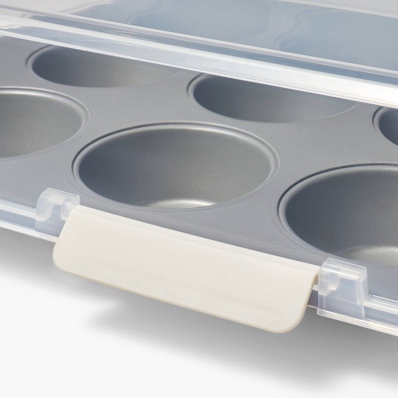 slide 4 of 5, 12ct Nonstick Aluminized Steel Muffin Pan with Lid Clear - Figmint™: Bakeware, Oven-Safe, Dishwasher-Safe, PTFE-Free, 12 ct