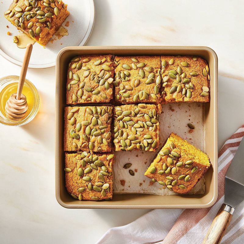 slide 2 of 6, 8" Nonstick Aluminized Steel Square Baking Pan Gold - Figmint™, 1 ct