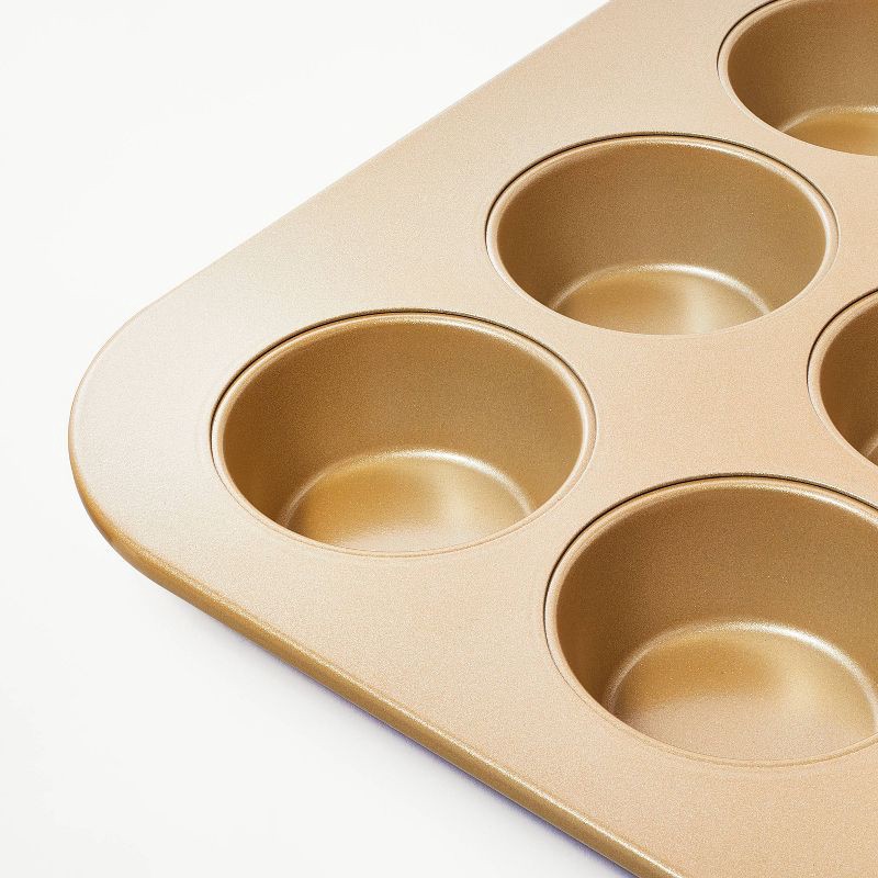 slide 3 of 5, 12ct Nonstick Aluminized Steel Muffin Pan Gold - Figmint™: Muffin Tin, Cupcake Tray, Oven & Dishwasher Safe, 12 ct