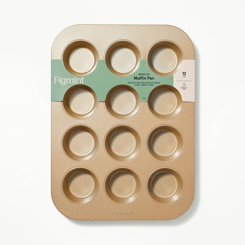 slide 4 of 5, 12ct Nonstick Aluminized Steel Muffin Pan Gold - Figmint™: Muffin Tin, Cupcake Tray, Oven & Dishwasher Safe, 12 ct