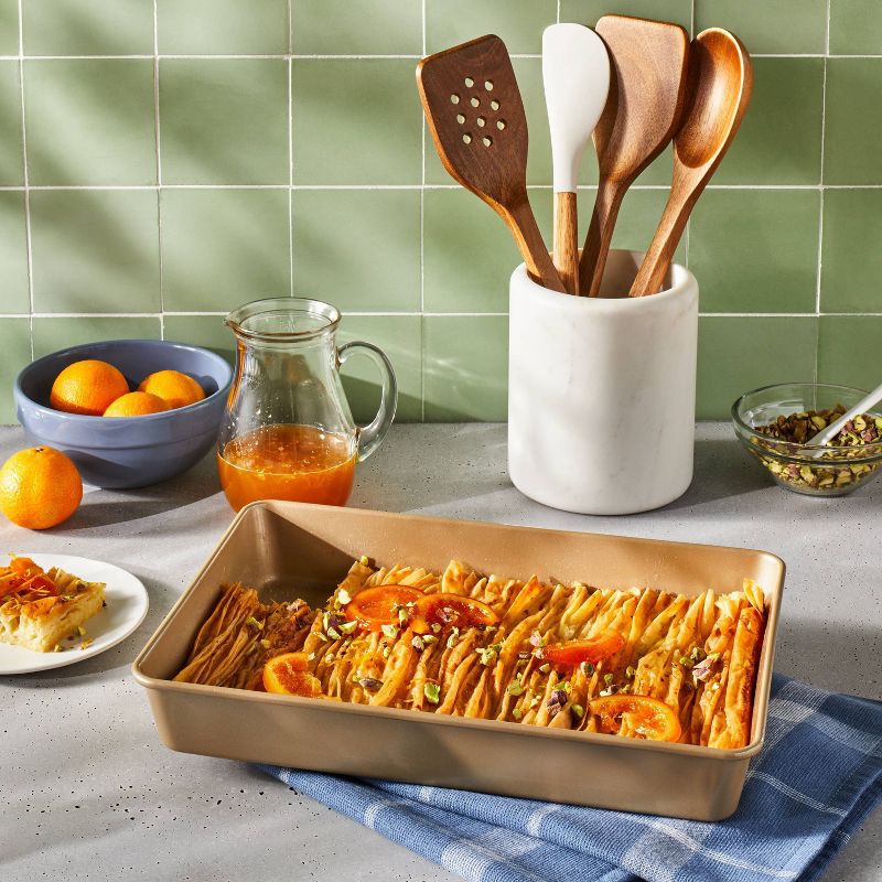 slide 2 of 6, 9"x13" Nonstick Aluminized Steel Cake Pan Gold - Figmint™: Rectangular, Oven & Dishwasher Safe, 1 Year Warranty, 1 ct