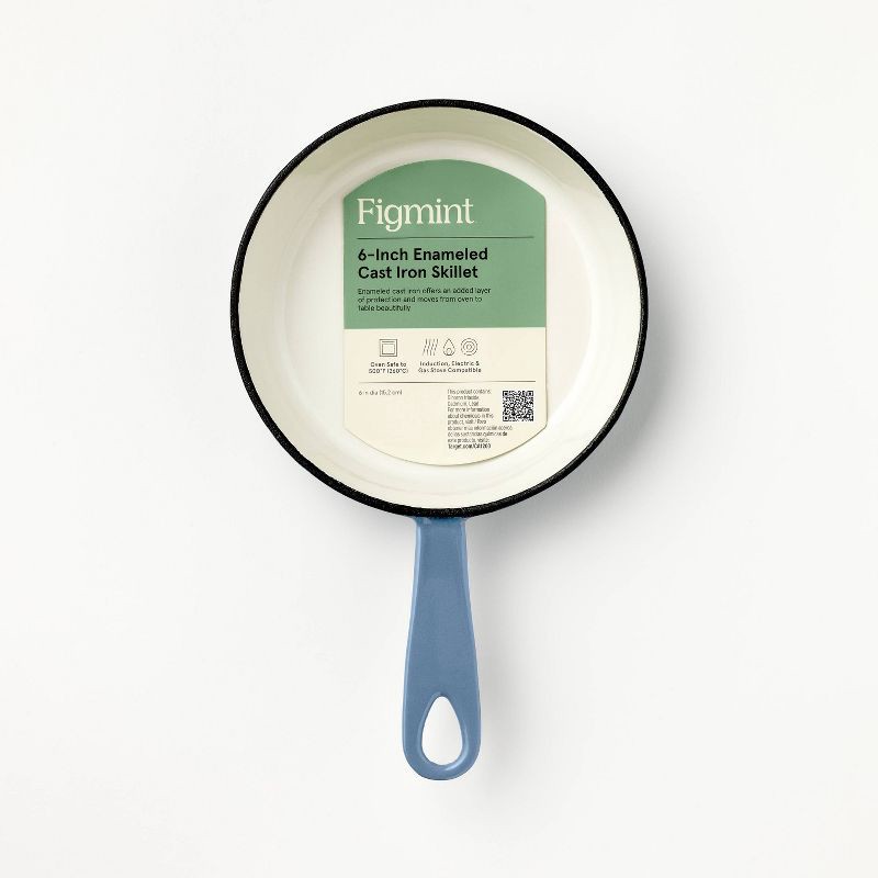 slide 5 of 5, 6" Enameled Cast Iron Skillet Blue - Figmint™: Even-Heating, Oven-Safe, Non-Stick, Hand Wash, 1.78 lbs, 1.78 lb
