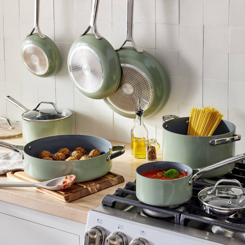 slide 2 of 7, 12pc Nonstick Ceramic Coated Aluminum Cookware Set Sage Green - Figmint™, 12 ct