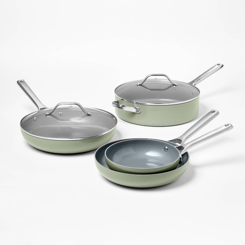 slide 3 of 7, 12pc Nonstick Ceramic Coated Aluminum Cookware Set Sage Green - Figmint™, 12 ct