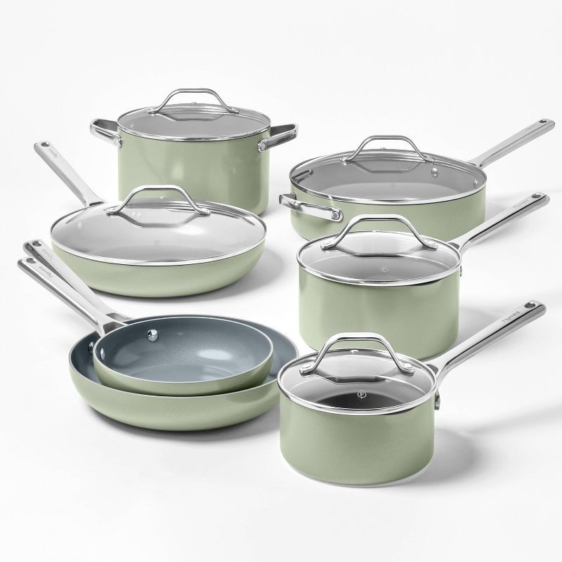 slide 1 of 7, 12pc Nonstick Ceramic Coated Aluminum Cookware Set Sage Green - Figmint™, 12 ct